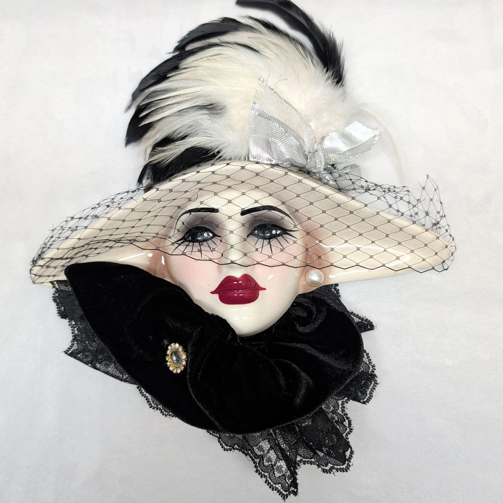 Very Unique Creations Ceramic Lady Face Mask Wall Hanging Feather Veil Art Deco
